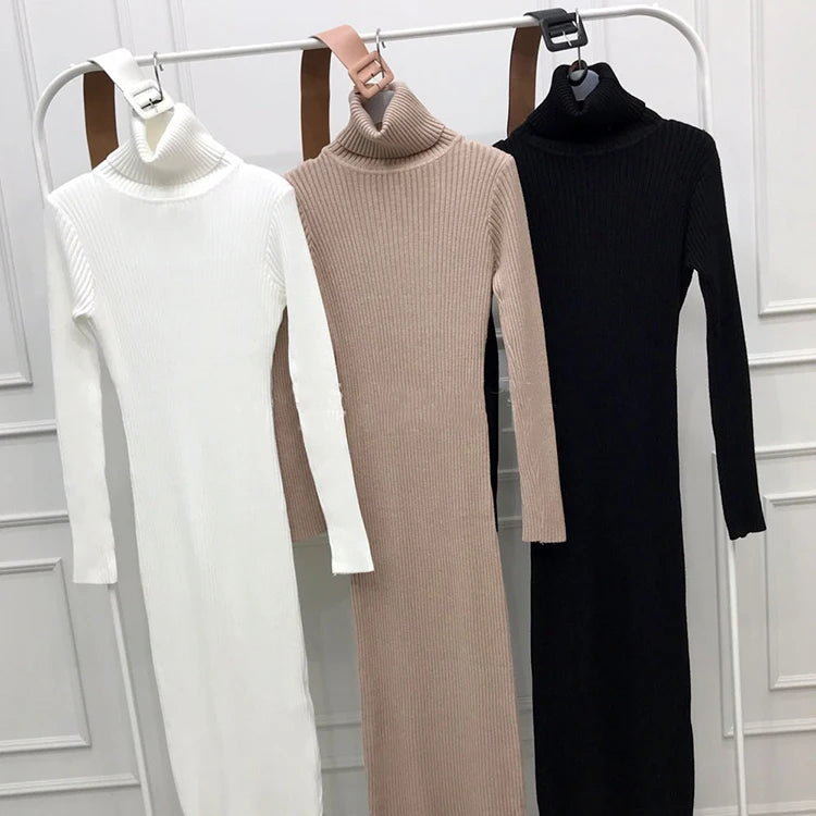 Knitted Turtleneck Bodycon Dress - Soft Elastic Midi Party Dress with Belt for Women - ZOOMNSTORE