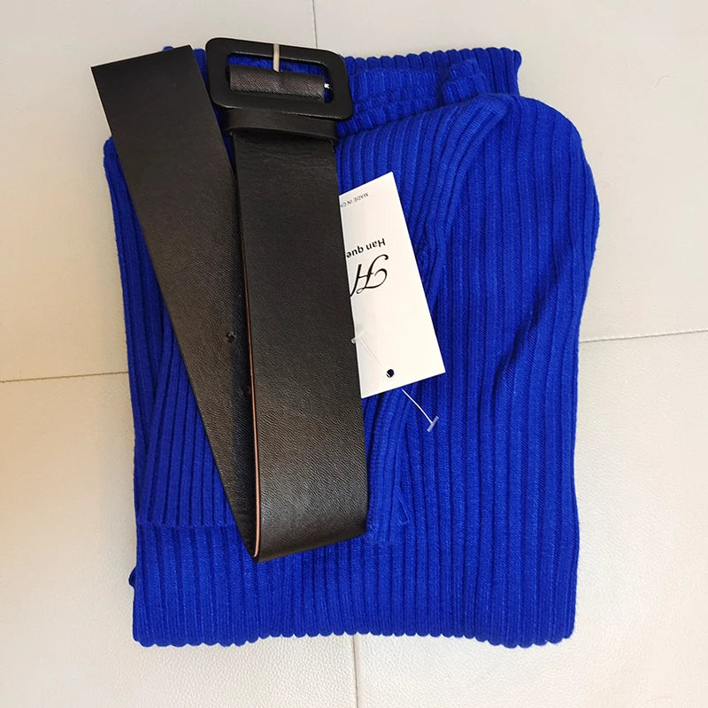 Knitted Turtleneck Bodycon Dress - Soft Elastic Midi Party Dress with Belt for Women - ZOOMNSTORE