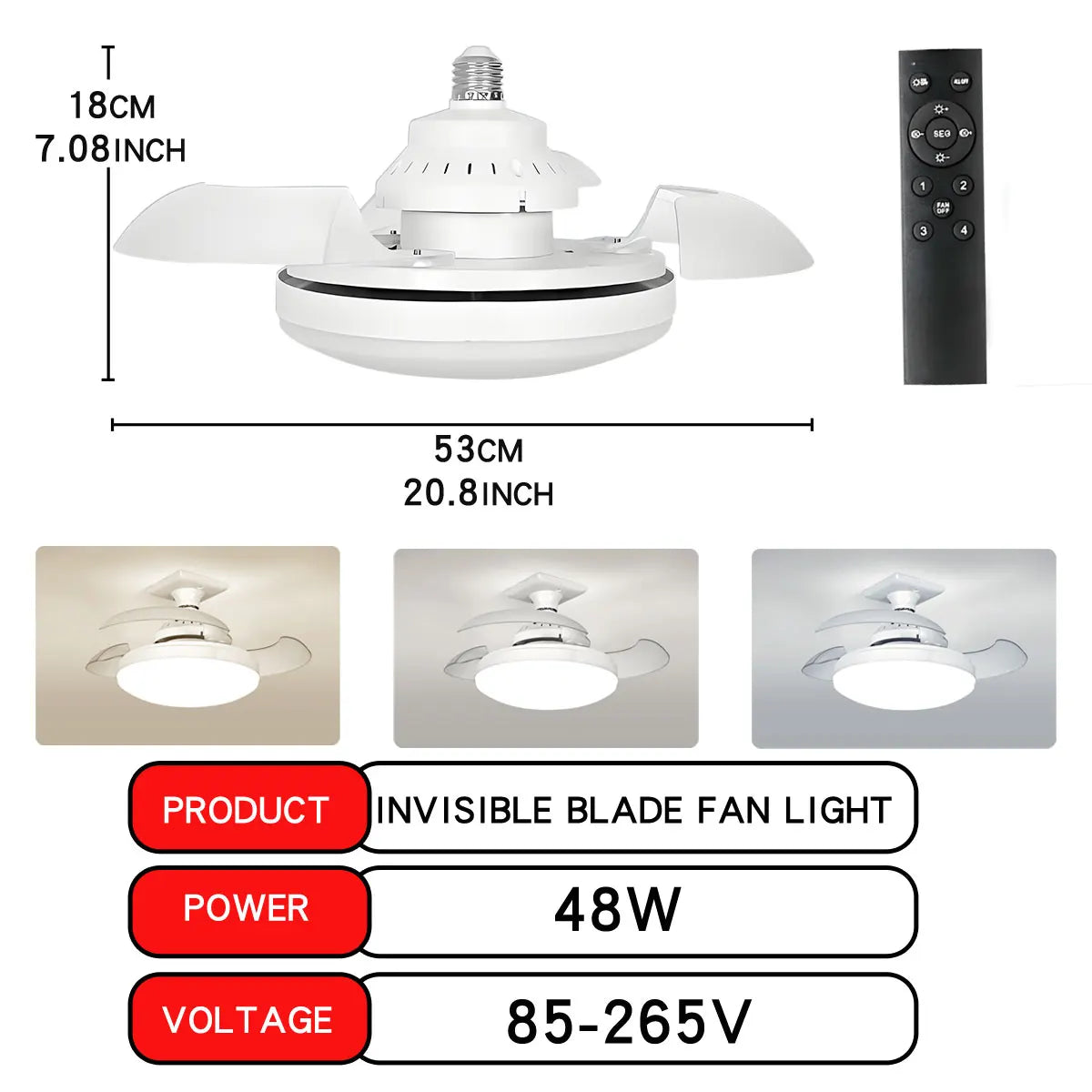 30W LED Ceiling Fan Light with Remote - Dimmable E27 for Living Room Study 110-265V - ZOOMNSTORE