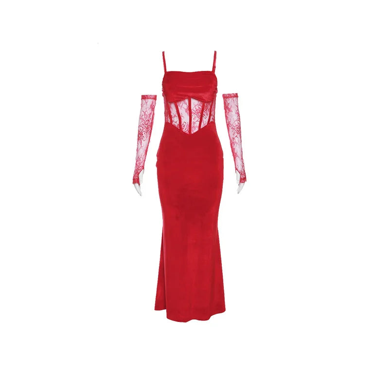 Elegant Lace Sling Dress with Sleeves - Winter Formal Party Dress - ZOOMNSTORE