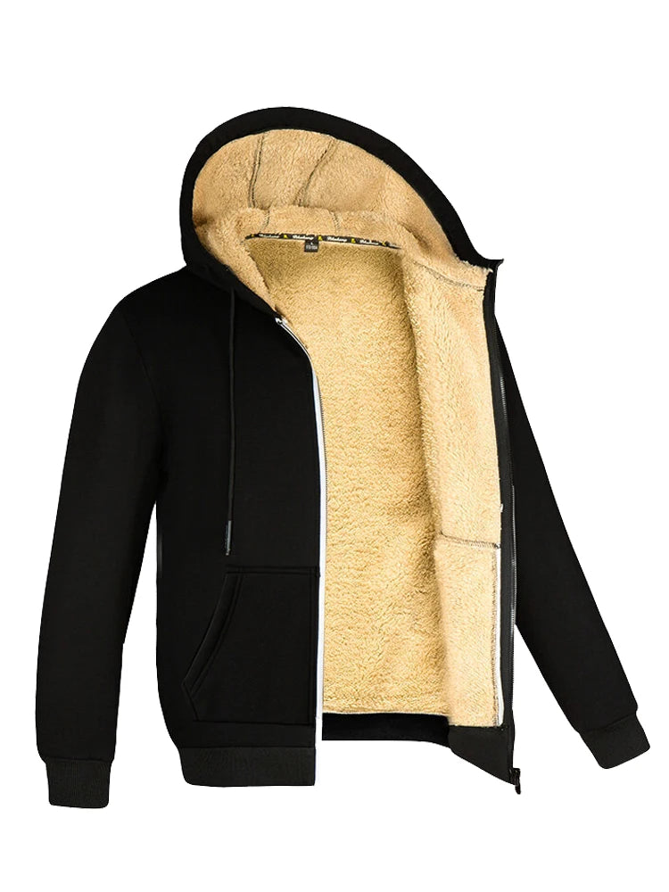 Mens Winter Lambswool Hooded Zipper Jacket - Warm Long Sleeve Fleece Coat - ZOOMNSTORE