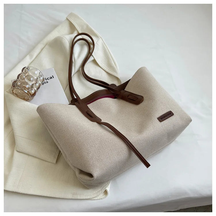 Large Capacity Shoulder Bag - Women's Casual Canvas Satchel With Zipper Closure - ZOOMNSTORE