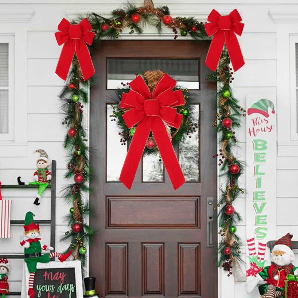 Large Red Velvet Christmas Tree Bow - Outdoor Holiday Decoration with Glitter Gold Edge - ZOOMNSTORE