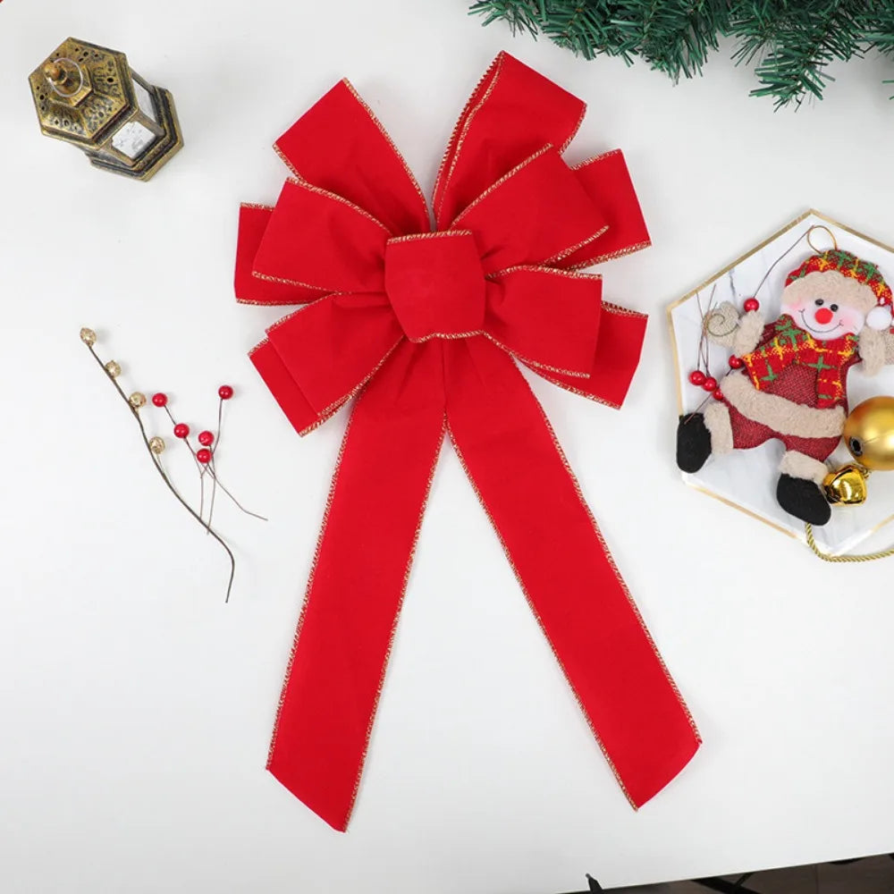 Large Red Velvet Christmas Tree Bow - Outdoor Holiday Decoration with Glitter Gold Edge - ZOOMNSTORE