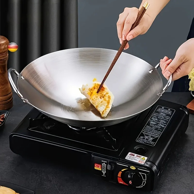 Large Stainless Steel Wok - Durable Chefs Pan with Dual Handles Easy to Clean - ZOOMNSTORE