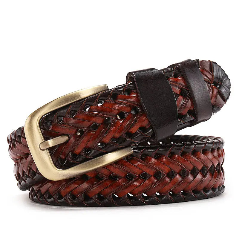 Genuine Leather Braided Belt for Men - Vintage High-Quality Casual Jeans Strap with Gold Pin Buckle - ZOOMNSTORE
