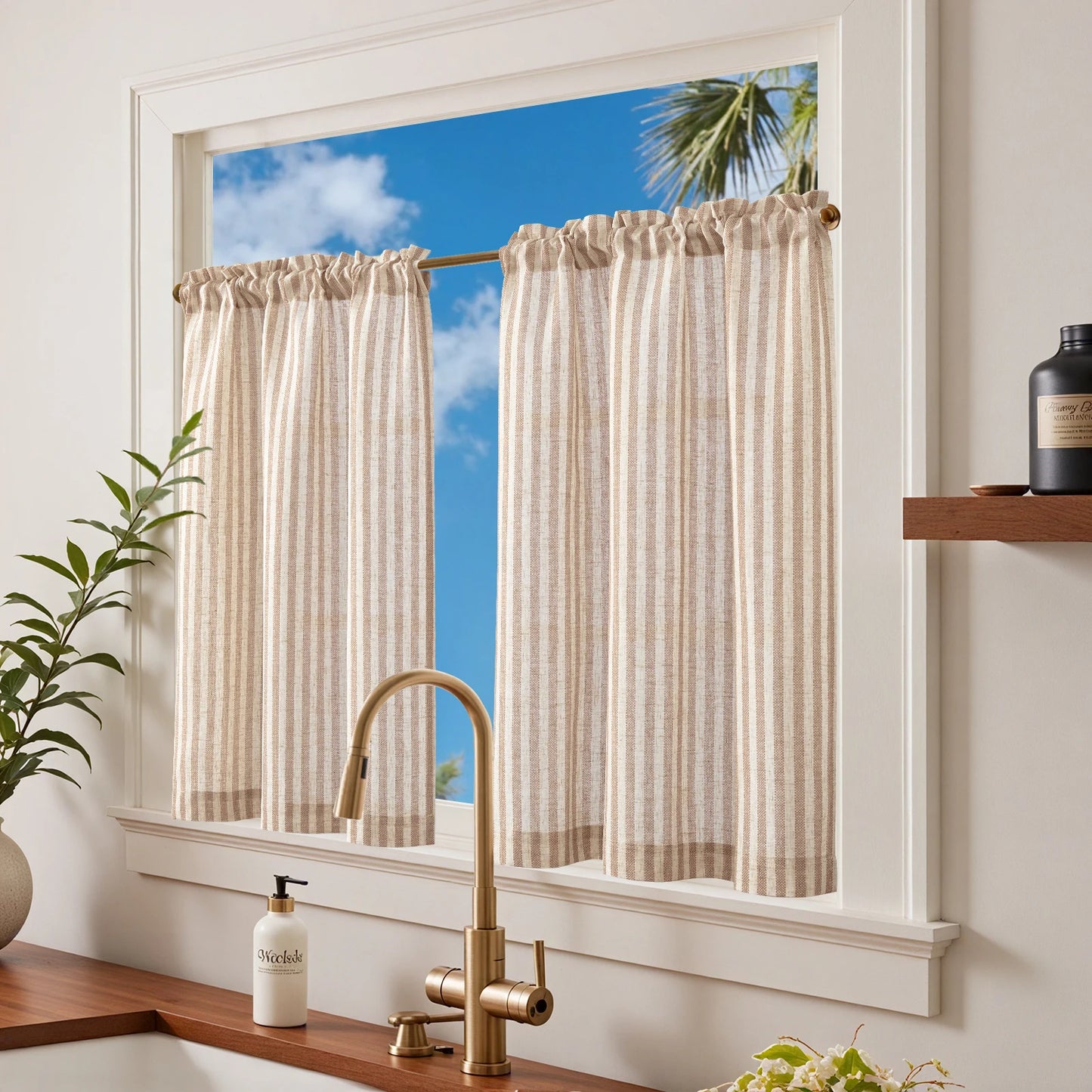 Linen Kitchen Curtains - Japanese Striped Short Rod Pocket Drapes - ZOOMNSTORE
