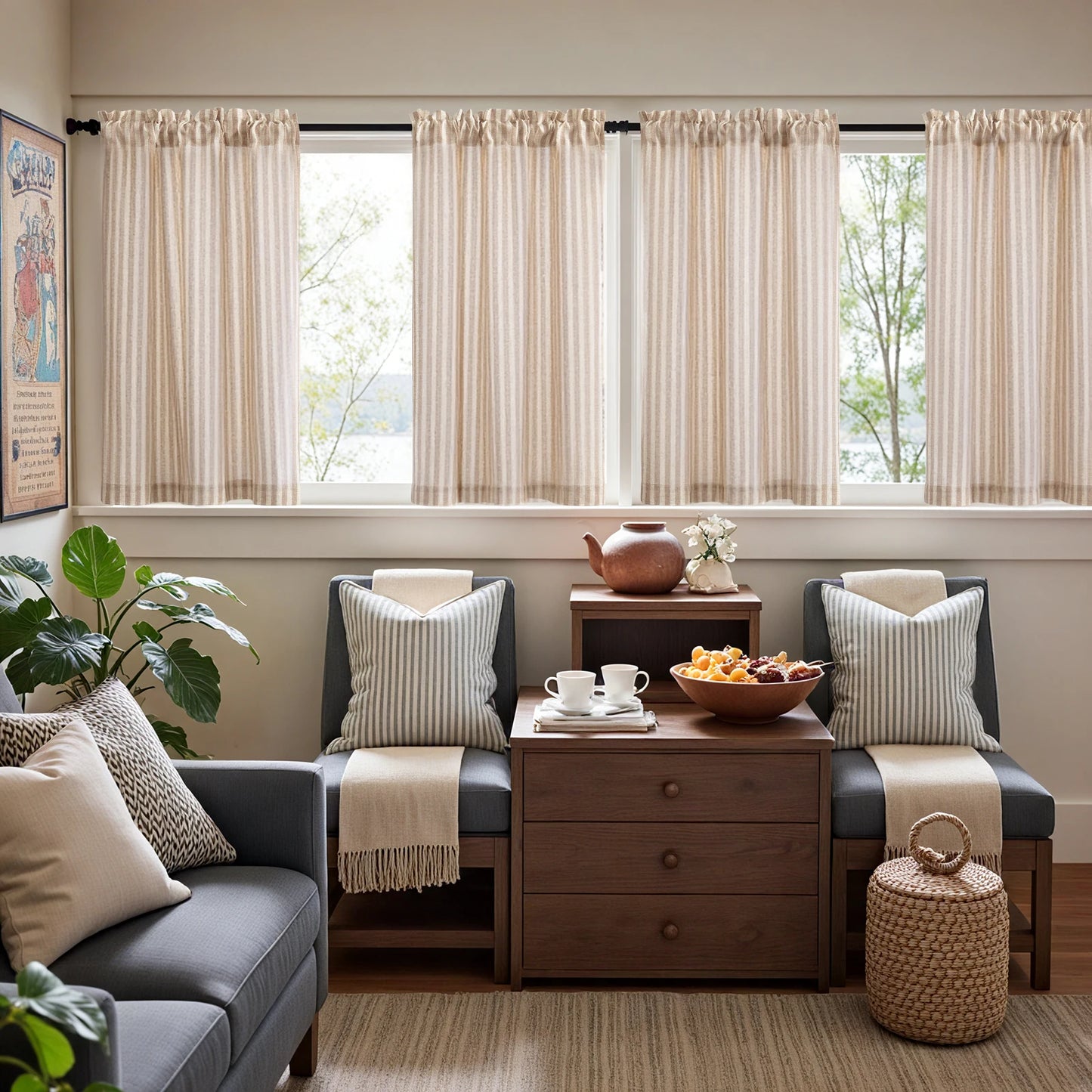 Linen Kitchen Curtains - Japanese Striped Short Rod Pocket Drapes - ZOOMNSTORE