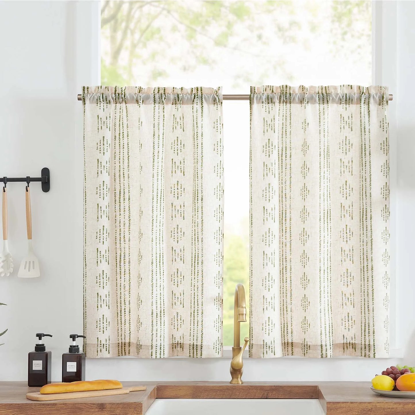 Linen Kitchen Curtains - Japanese Striped Short Rod Pocket Drapes - ZOOMNSTORE
