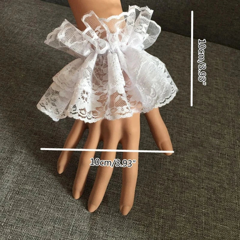 1 pair Lolita Hand Sleeve Wrist Cuffs Ruffled Floral Black Lace Elastic Bracelet Elegant Ladies Short Lace Gloves Halloween - ZOOMNSTORE