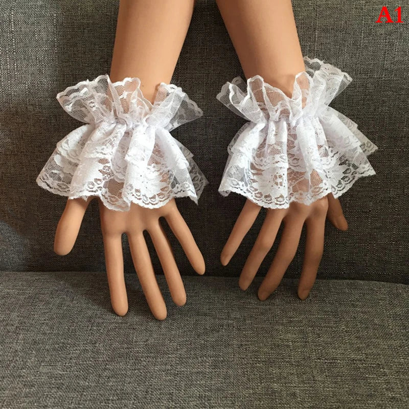 1 pair Lolita Hand Sleeve Wrist Cuffs Ruffled Floral Black Lace Elastic Bracelet Elegant Ladies Short Lace Gloves Halloween - ZOOMNSTORE