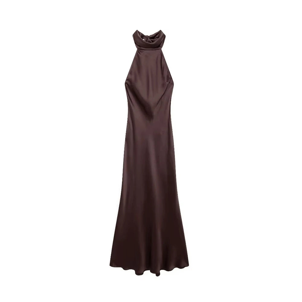 Long Satin Halter Dress – Backless Bow Tied Back Zipper Ankle Length Gown - ZOOMNSTORE