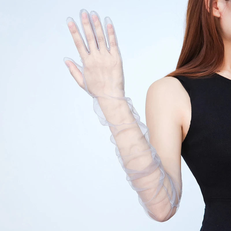 Wedding Bride Gloves Fashion Long Sheer Tulle Gloves Ultra Thin Stretchy Full Finger Mittens Mesh Elbow Halloween Accessory - ZOOMNSTORE