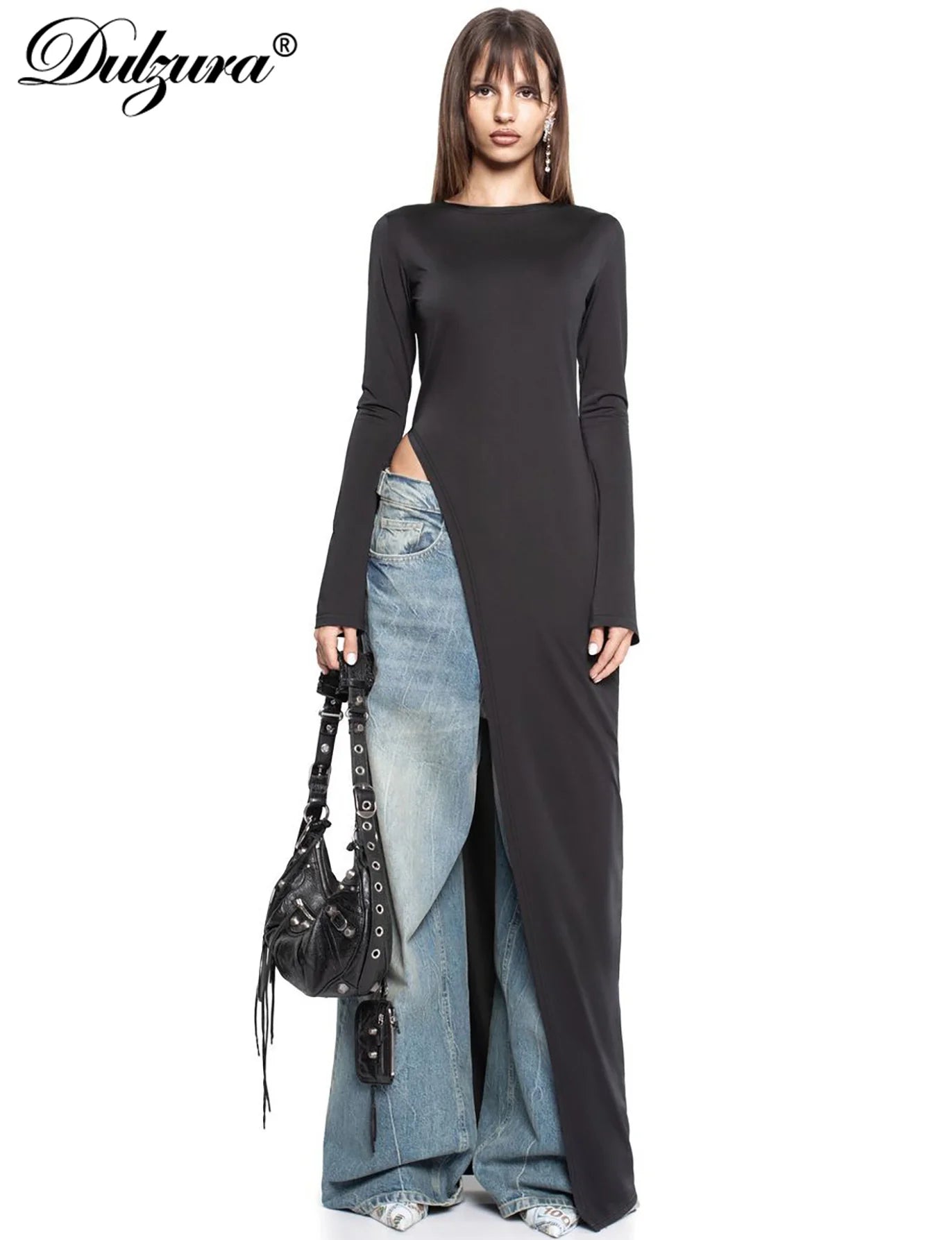 Long Sleeve High Slit Maxi Dress - Solid Sexy Autumn Winter Party Outfit - ZOOMNSTORE