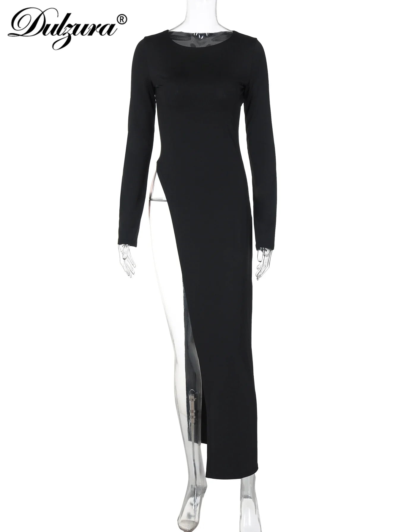 Long Sleeve High Slit Maxi Dress - Solid Sexy Autumn Winter Party Outfit - ZOOMNSTORE