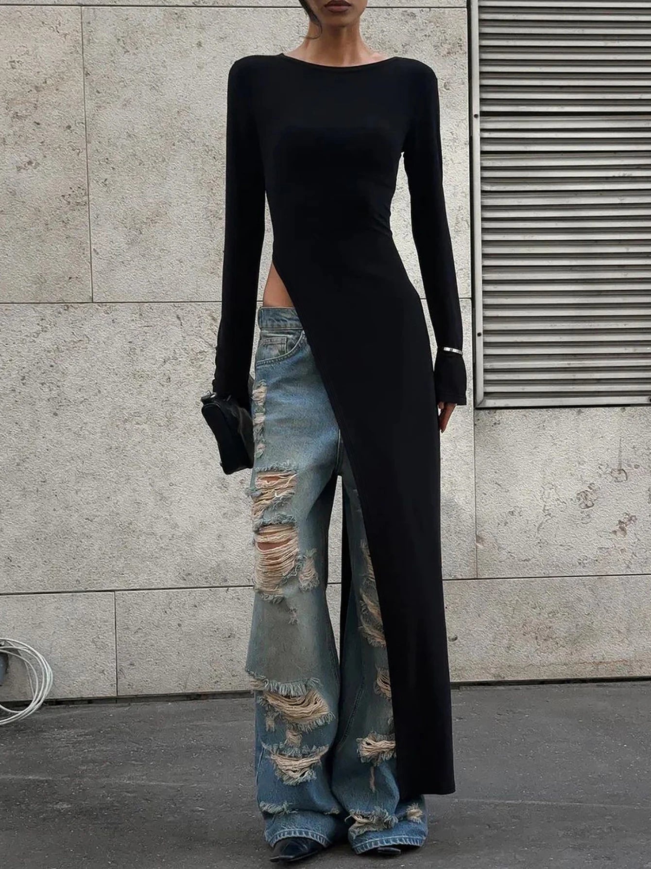Long Sleeve High Slit Maxi Dress - Solid Sexy Autumn Winter Party Outfit - ZOOMNSTORE