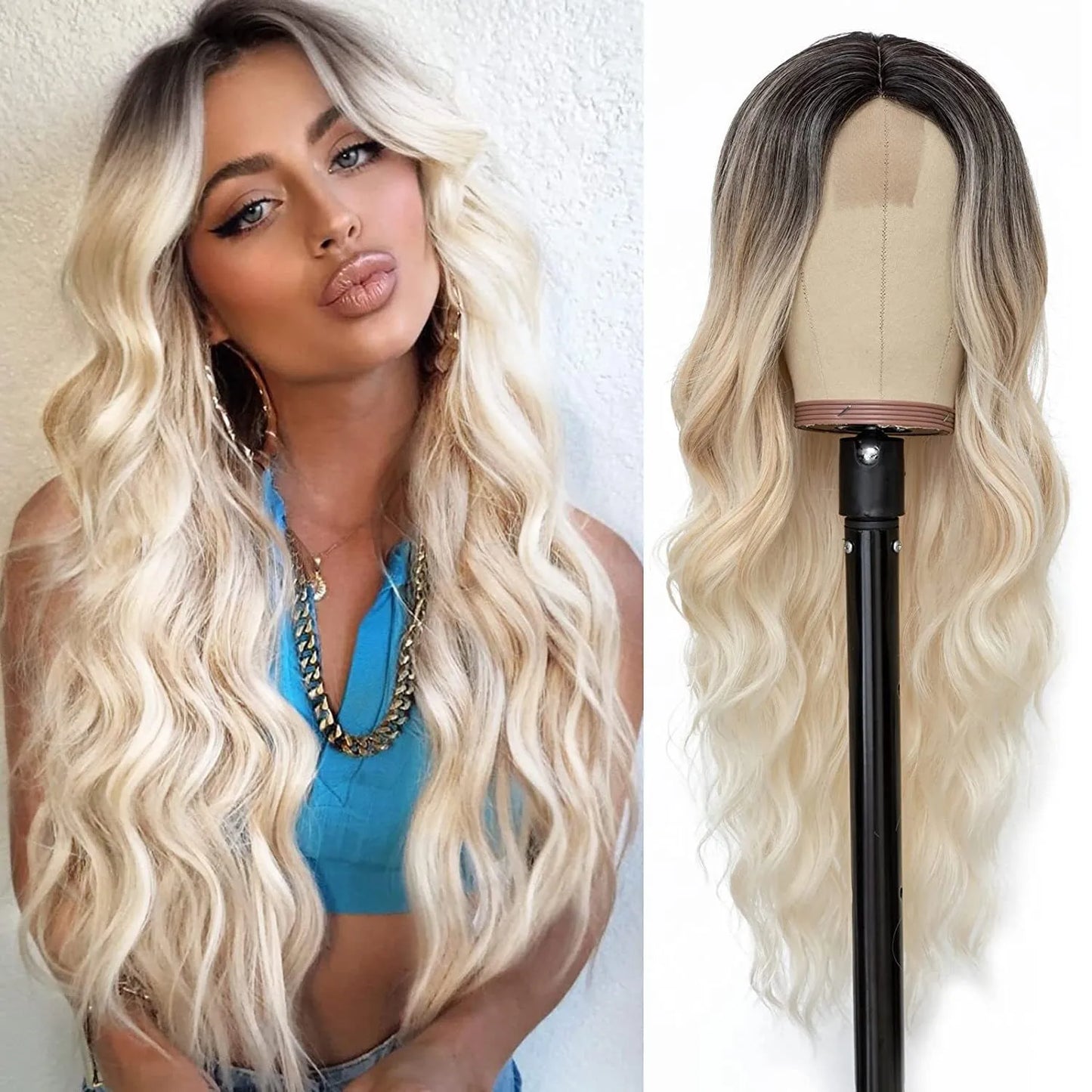 Long Wavy Wig - 26 Inch Ombre Blonde Lace Front Synthetic Hair Fiber, Adjustable Cap - ZOOMNSTORE