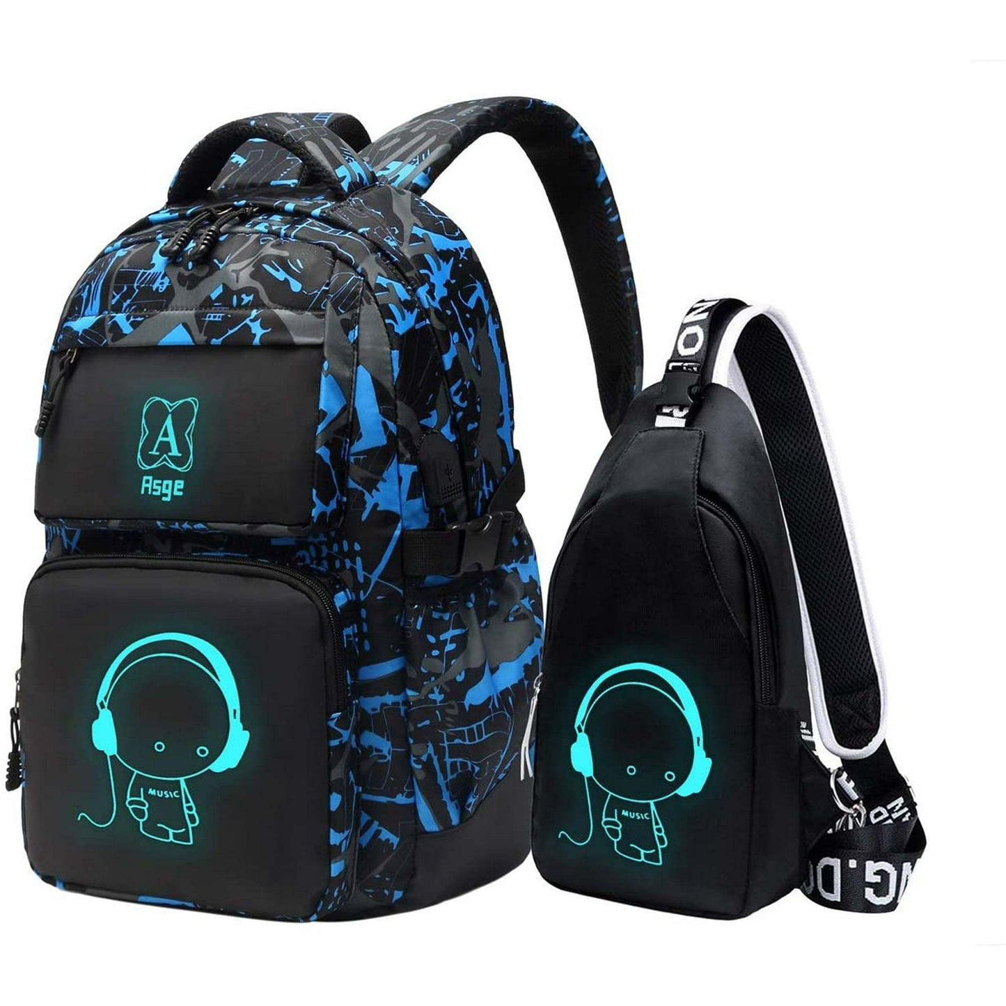 Luminous Camo Backpack Set - Boys Girls School Bags with Sling Bag - ZOOMNSTORE