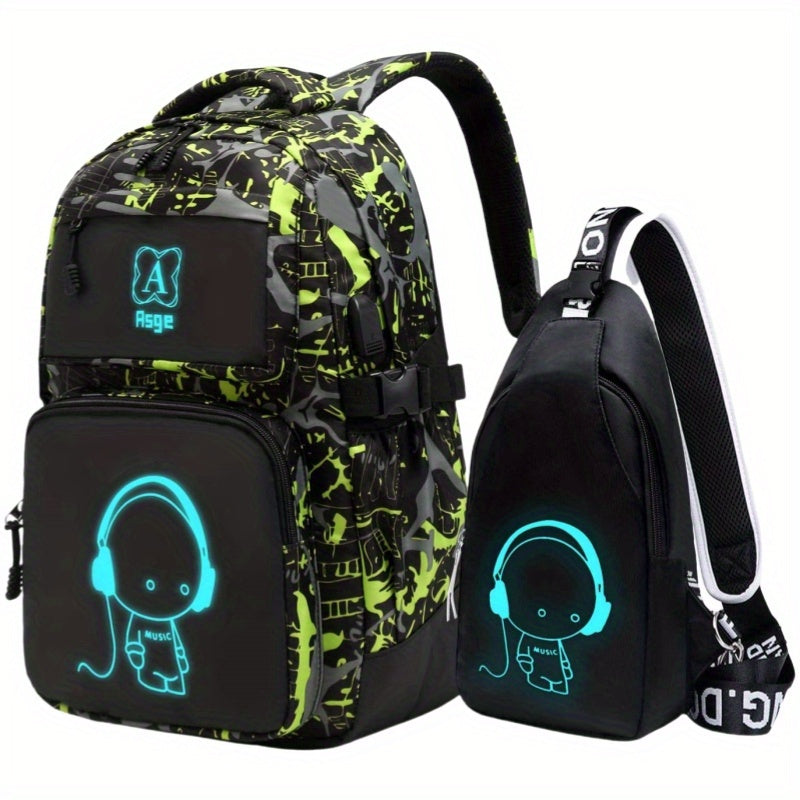 Luminous Camo Backpack Set - Boys Girls School Bags with Sling Bag - ZOOMNSTORE