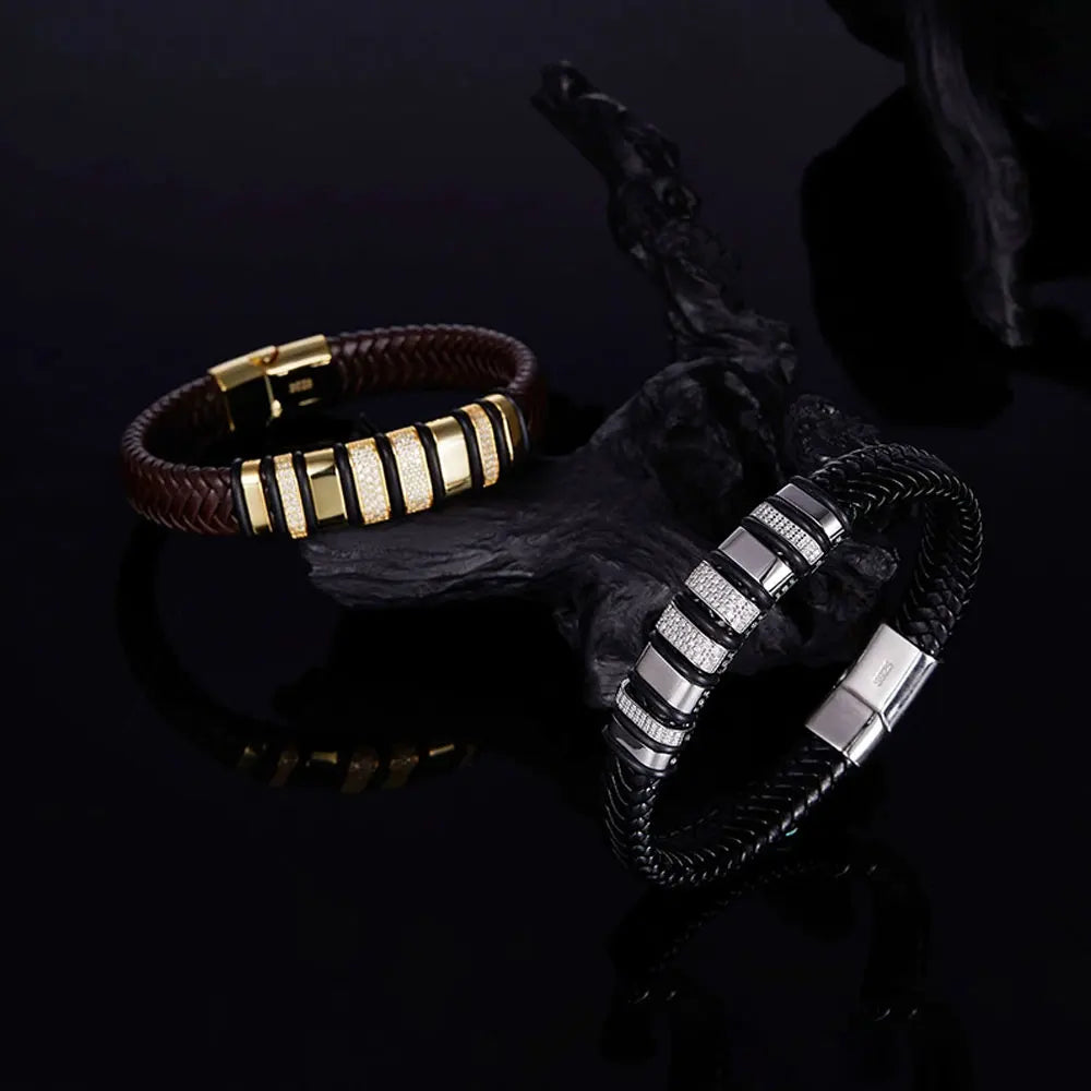 Luxury Cuban Bracelet - 8mm Leather 18k Gold Plated Sterling Silver with Lab-Grown Zircon Diamond for Men - ZOOMNSTORE