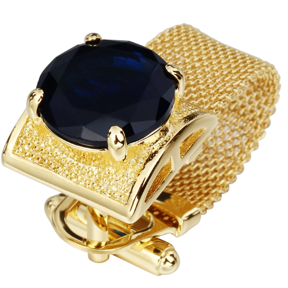 Luxury Gold Tone Crystal Cufflinks Set for Men - Wedding Shirt Accessories with Chain and Gemstones - ZOOMNSTORE