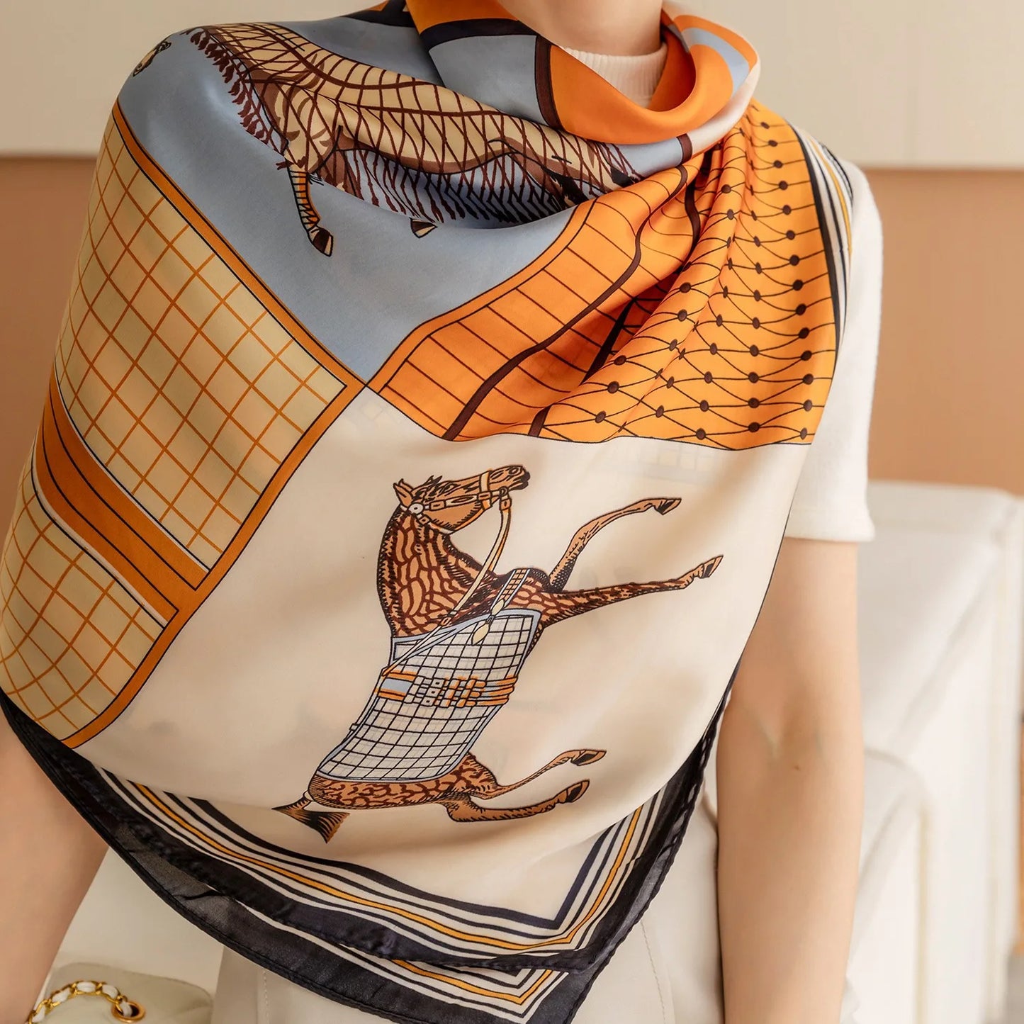 Luxury Horse Print Silk Scarf - Vintage 110x110cm Shawl for Women - ZOOMNSTORE