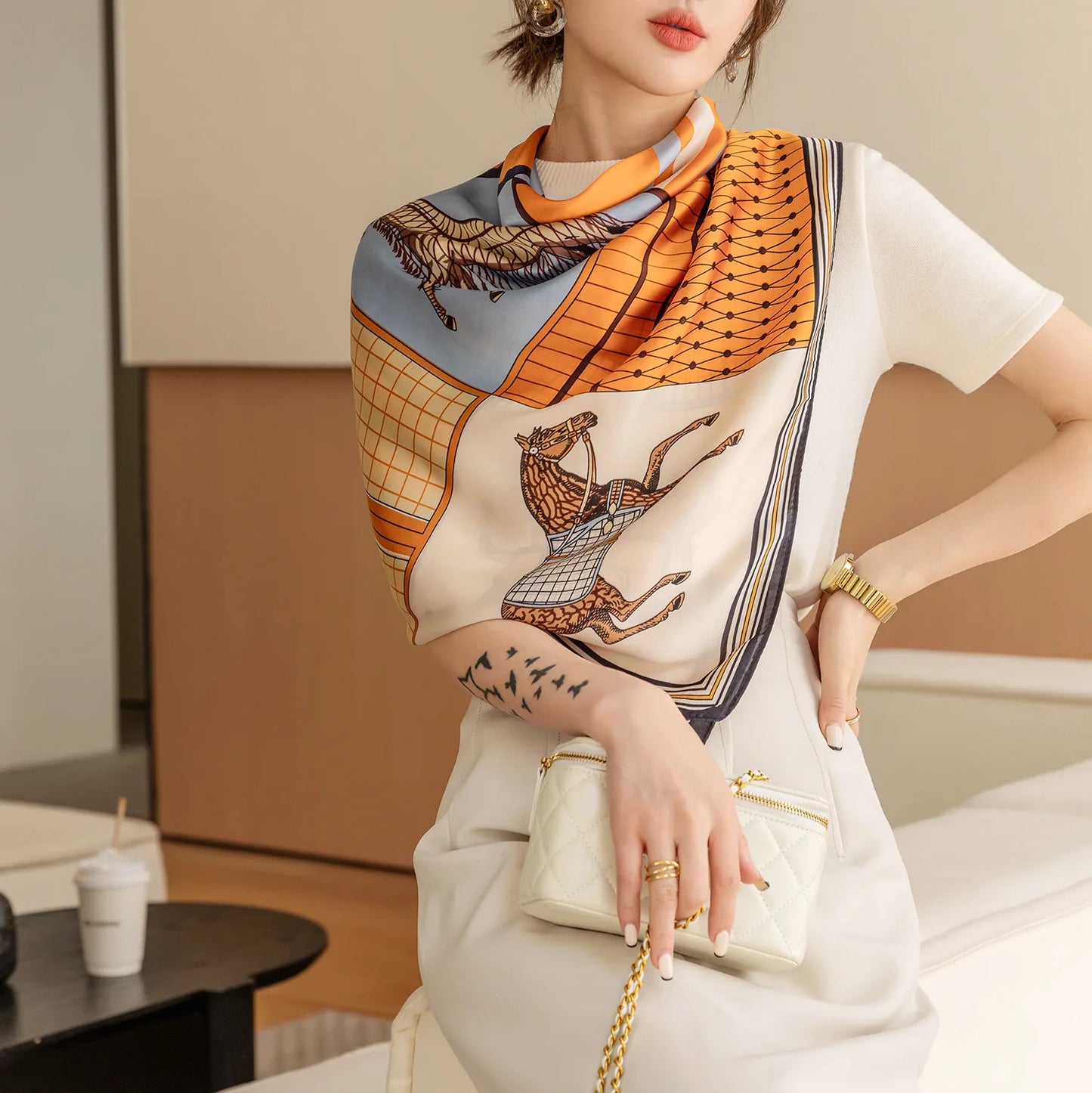 Luxury Horse Print Silk Scarf - Vintage 110x110cm Shawl for Women - ZOOMNSTORE