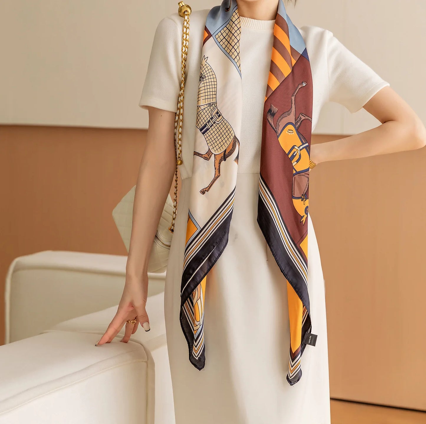 Luxury Horse Print Silk Scarf - Vintage 110x110cm Shawl for Women - ZOOMNSTORE