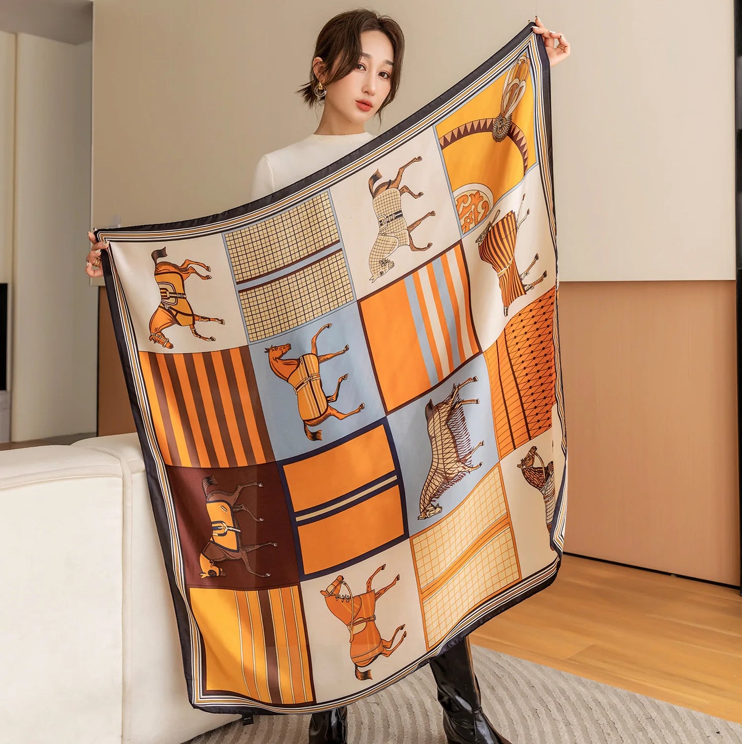 Luxury Horse Print Silk Scarf - Vintage 110x110cm Shawl for Women - ZOOMNSTORE