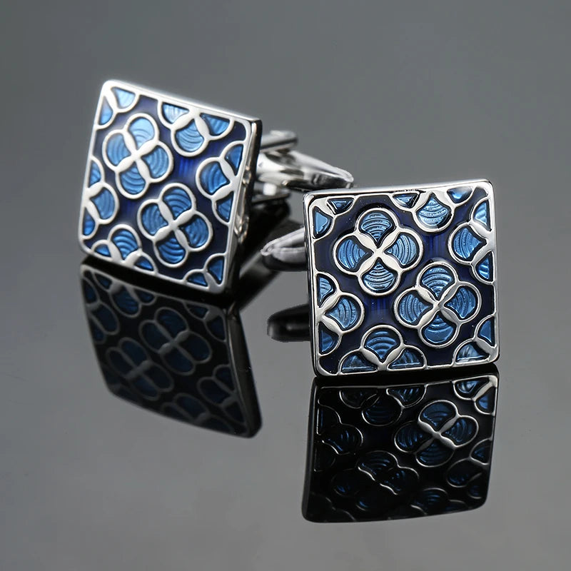 Luxury Mens Cufflinks - Classic Square Blue Black Retro Pattern Suit Accessories - ZOOMNSTORE