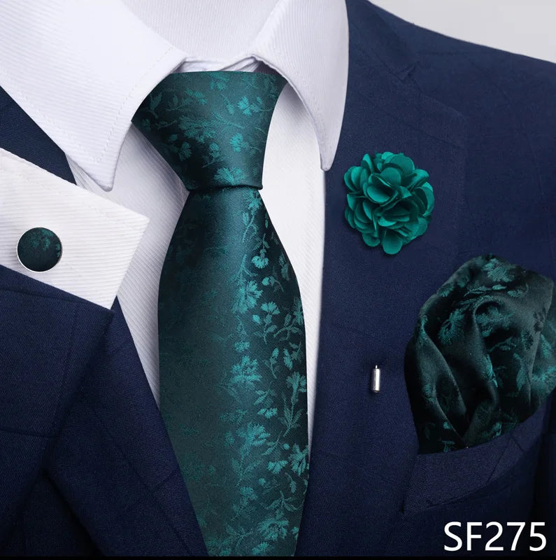 Luxury Mens Floral Black Gold Tie Set - Paisley Necktie Pocket Square Cufflinks Brooch for Weddings and Parties - ZOOMNSTORE