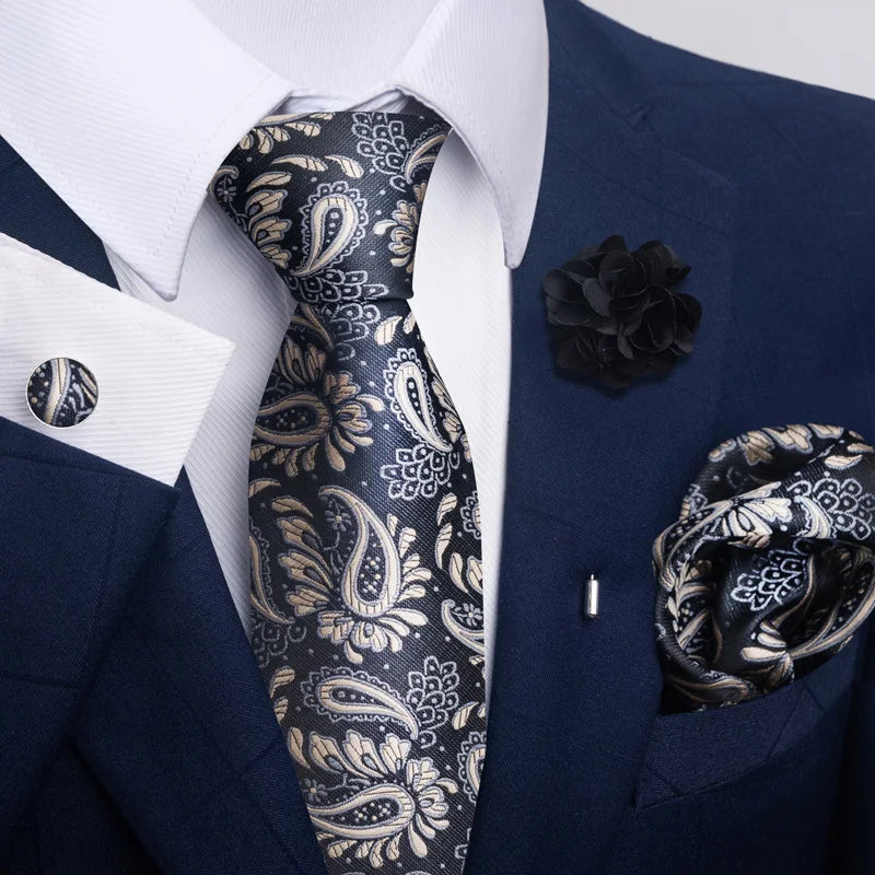Luxury Mens Floral Black Gold Tie Set - Paisley Necktie Pocket Square Cufflinks Brooch for Weddings and Parties - ZOOMNSTORE