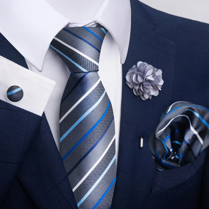 Luxury Mens Floral Black Gold Tie Set - Paisley Necktie Pocket Square Cufflinks Brooch for Weddings and Parties - ZOOMNSTORE