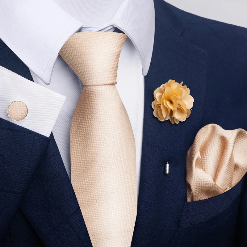 Luxury Mens Floral Black Gold Tie Set - Paisley Necktie Pocket Square Cufflinks Brooch for Weddings and Parties - ZOOMNSTORE