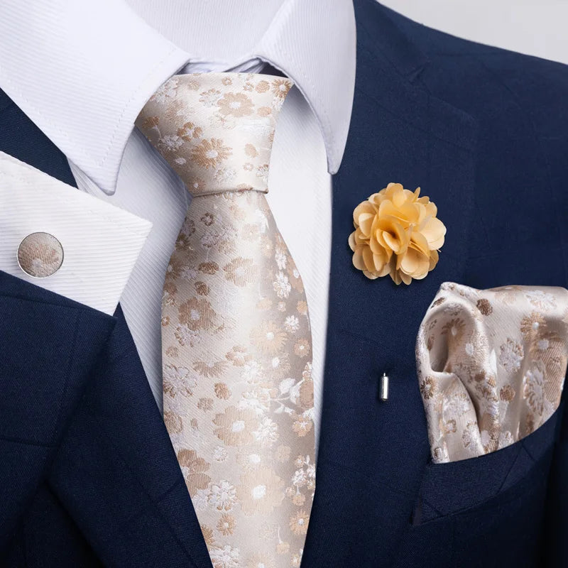 Luxury Mens Floral Black Gold Tie Set - Paisley Necktie Pocket Square Cufflinks Brooch for Weddings and Parties - ZOOMNSTORE