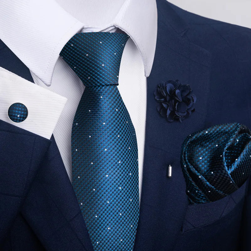 Luxury Mens Floral Black Gold Tie Set - Paisley Necktie Pocket Square Cufflinks Brooch for Weddings and Parties - ZOOMNSTORE