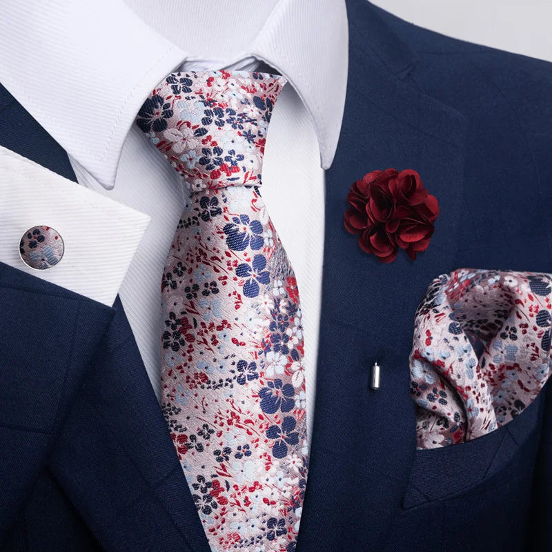 Luxury Mens Floral Black Gold Tie Set - Paisley Necktie Pocket Square Cufflinks Brooch for Weddings and Parties - ZOOMNSTORE