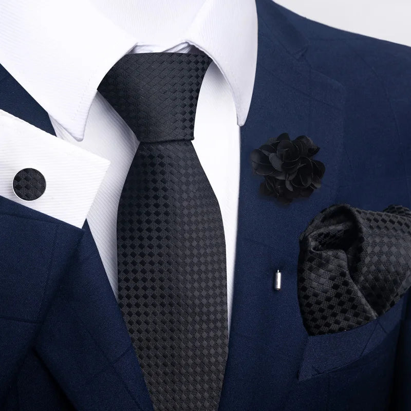 Luxury Mens Floral Black Gold Tie Set - Paisley Necktie Pocket Square Cufflinks Brooch for Weddings and Parties - ZOOMNSTORE