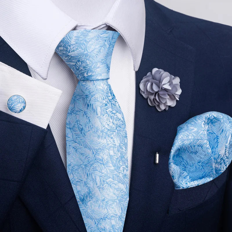 Luxury Mens Floral Black Gold Tie Set - Paisley Necktie Pocket Square Cufflinks Brooch for Weddings and Parties - ZOOMNSTORE