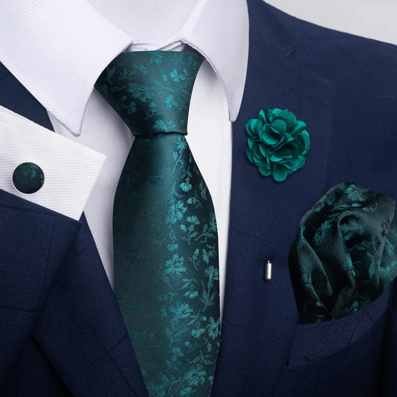 Luxury Mens Floral Black Gold Tie Set - Paisley Necktie Pocket Square Cufflinks Brooch for Weddings and Parties - ZOOMNSTORE