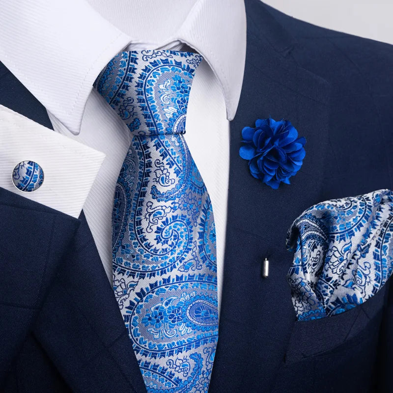 Luxury Mens Floral Black Gold Tie Set - Paisley Necktie Pocket Square Cufflinks Brooch for Weddings and Parties - ZOOMNSTORE