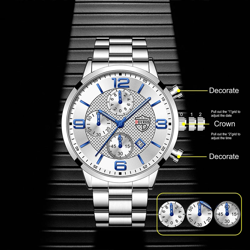 Luxury Mens Quartz Watch - Stainless Steel Leather Luminous Calendar Clock - ZOOMNSTORE