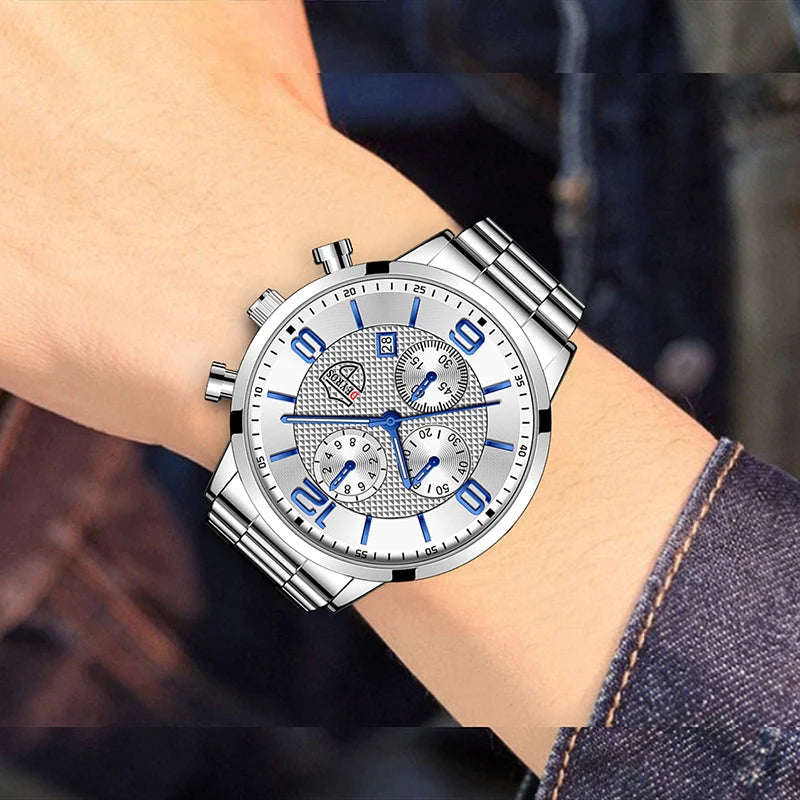 Luxury Mens Quartz Watch - Stainless Steel Leather Luminous Calendar Clock - ZOOMNSTORE