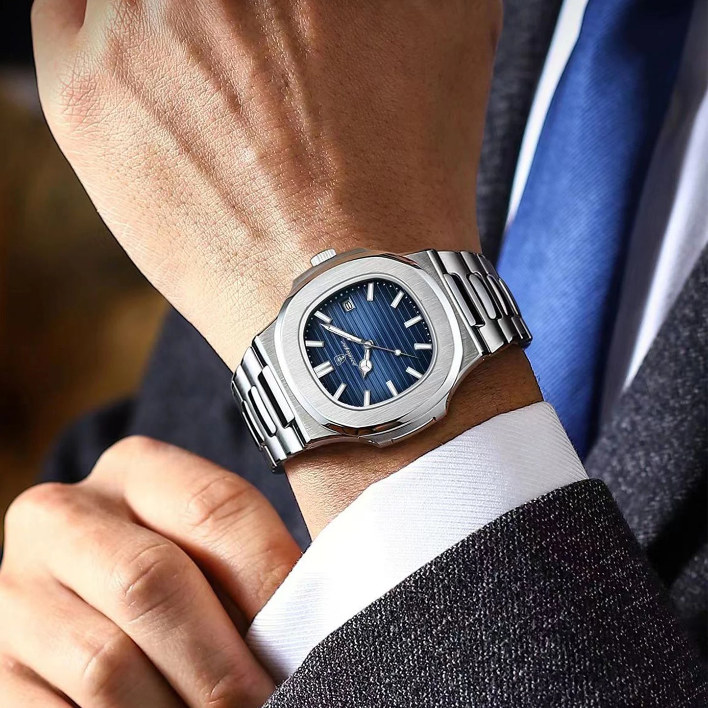 Luxury Mens Waterproof Watch - Stainless Steel Square Dial with Calendar - ZOOMNSTORE