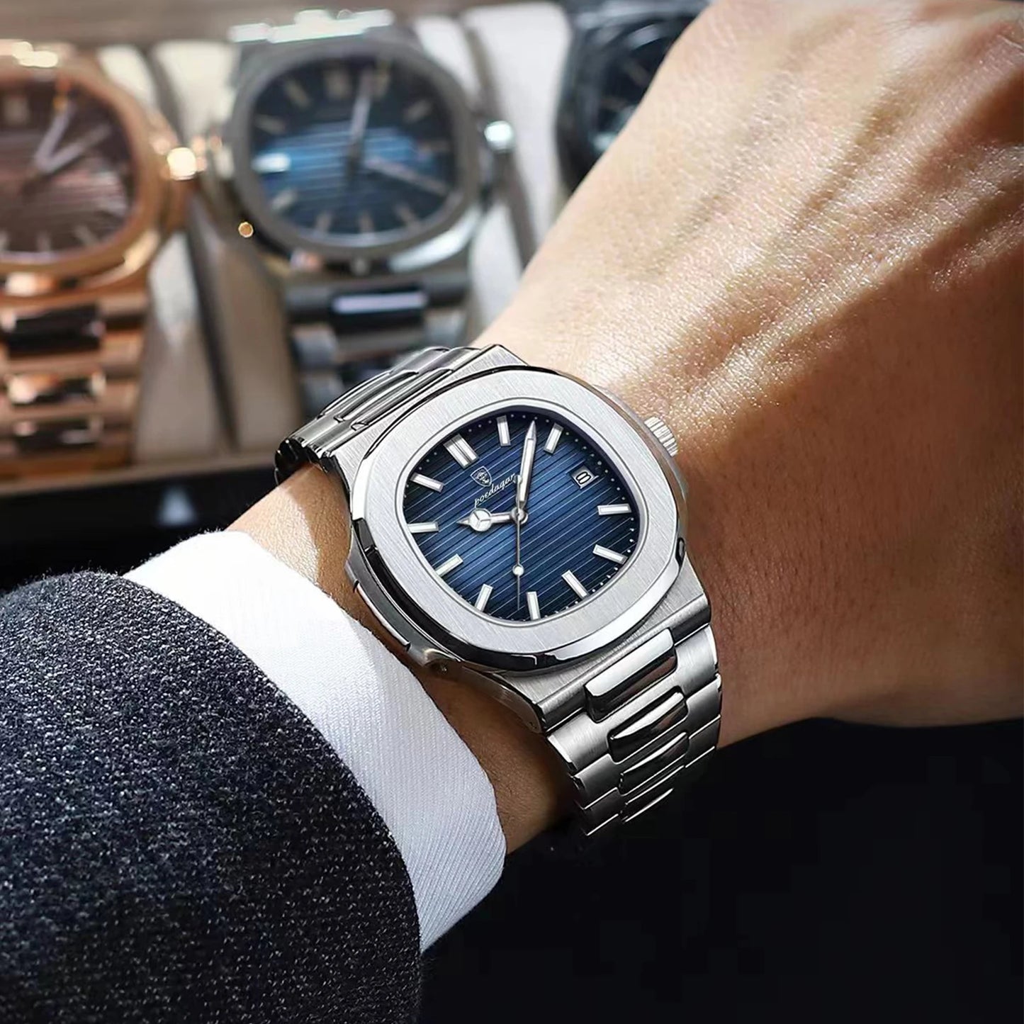 Luxury Mens Waterproof Watch - Stainless Steel Square Dial with Calendar - ZOOMNSTORE