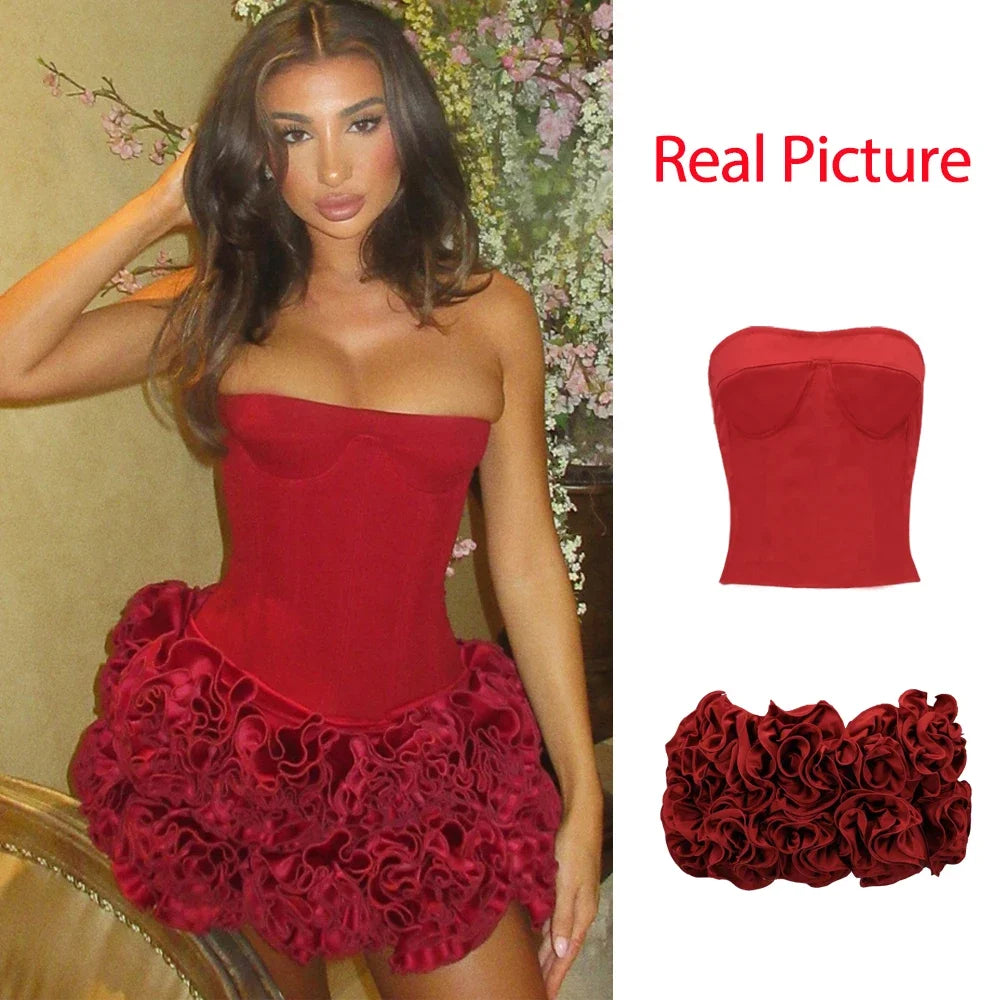 Luxury Red Strapless Cocktail Dress - Elegant Winter Party Dress 2024 - ZOOMNSTORE
