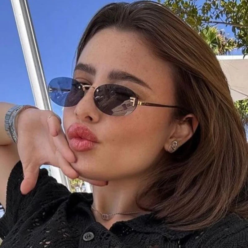 Luxury Rimless Diamond Letter F Sunglasses - Black Metal Oval Shades UV400 for Women - ZOOMNSTORE