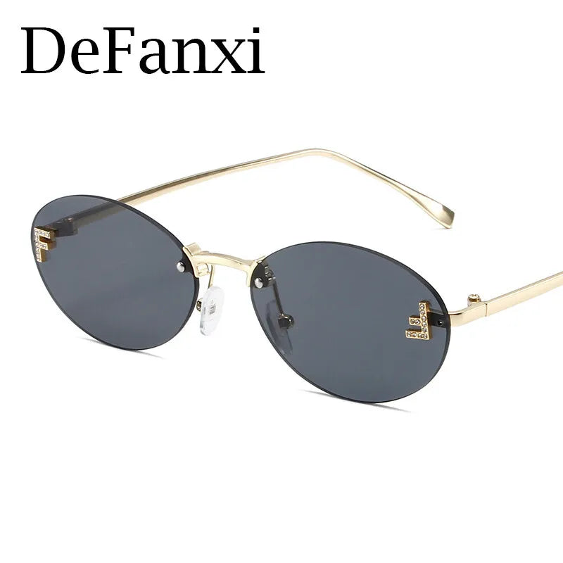 Luxury Rimless Diamond Letter F Sunglasses - Black Metal Oval Shades UV400 for Women - ZOOMNSTORE