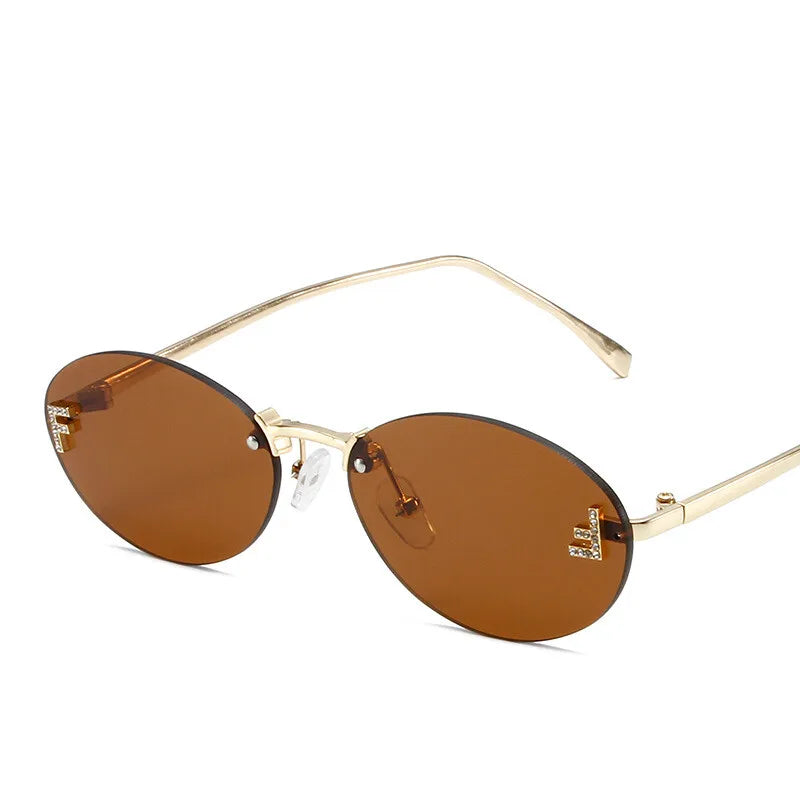 Luxury Rimless Diamond Letter F Sunglasses - Black Metal Oval Shades UV400 for Women - ZOOMNSTORE