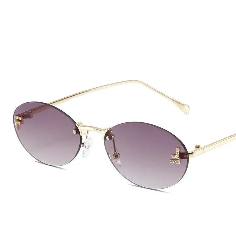 Luxury Rimless Diamond Letter F Sunglasses - Black Metal Oval Shades UV400 for Women - ZOOMNSTORE
